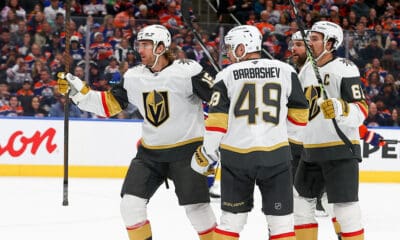 EDMONTON, AB - DECEMBER 14: Las Vegas Golden Knights Center Ivan Barbashev (49) celebrates his goal in the second period of the Edmonton Oilers game versus the Las Vegas Golden Knights on December 14, 2024 at Rogers Place in Edmonton, AB. (Photo by Curtis Comeau/Icon Sportswire)
