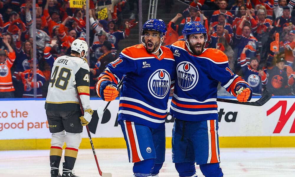 EDMONTON, AB - MAY 12: Edmonton Oilers Center Adam Henrique (19) celebrates his goal in the first period of the Stanley Cup Playoffs Second Round Edmonton Oilers game versus the Las Vegas Golden Knights on May 12, 2025 at Rogers Place in Edmonton, AB. (Photo by Curtis Comeau/Icon Sportswear)