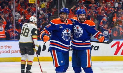 EDMONTON, AB - MAY 12: Edmonton Oilers Center Adam Henrique (19) celebrates his goal in the first period of the Stanley Cup Playoffs Second Round Edmonton Oilers game versus the Las Vegas Golden Knights on May 12, 2025 at Rogers Place in Edmonton, AB. (Photo by Curtis Comeau/Icon Sportswear)
