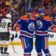 EDMONTON, AB - MAY 12: Edmonton Oilers Center Adam Henrique (19) celebrates his goal in the first period of the Stanley Cup Playoffs Second Round Edmonton Oilers game versus the Las Vegas Golden Knights on May 12, 2025 at Rogers Place in Edmonton, AB. (Photo by Curtis Comeau/Icon Sportswear)