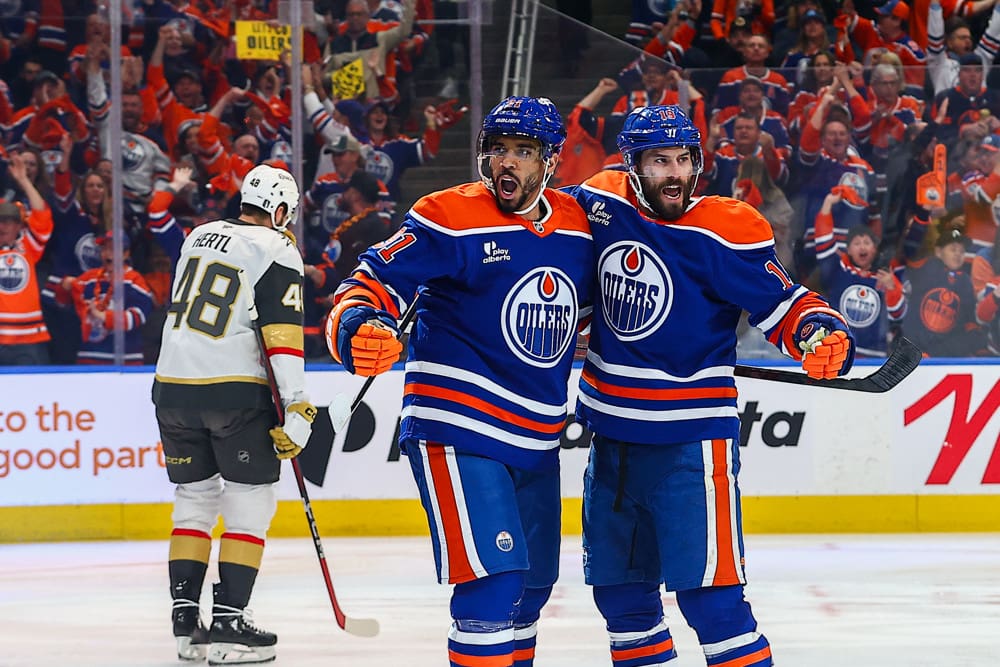 EDMONTON, AB - MAY 12: Edmonton Oilers Center Adam Henrique (19) celebrates his goal in the first period of the Stanley Cup Playoffs Second Round Edmonton Oilers game versus the Las Vegas Golden Knights on May 12, 2025 at Rogers Place in Edmonton, AB. (Photo by Curtis Comeau/Icon Sportswear)