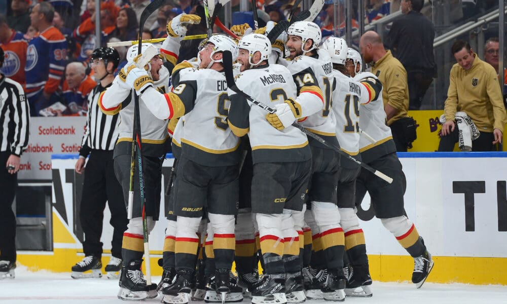 The Vegas Golden Knights celebrate their Game 3 win against the Edmonton Oilers 5/10/2025 (Photo/Screenshot- NHL via Twitter)