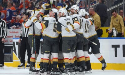 The Vegas Golden Knights celebrate their Game 3 win against the Edmonton Oilers 5/10/2025 (Photo/Screenshot- NHL via Twitter)