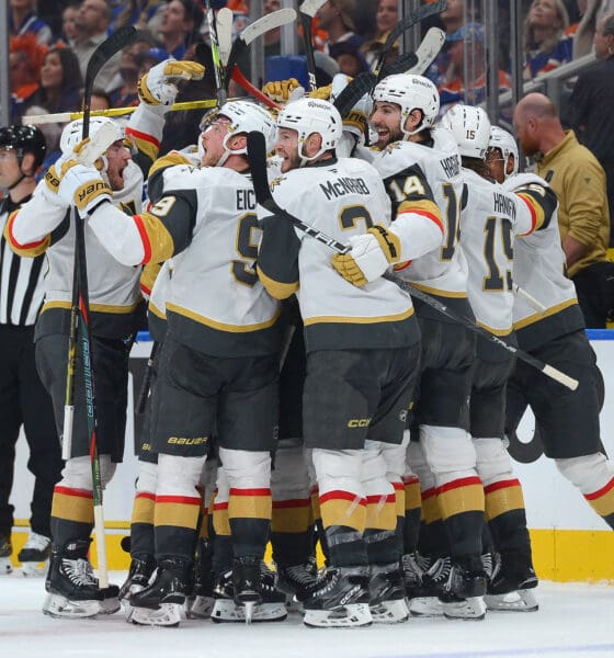 The Vegas Golden Knights celebrate their Game 3 win against the Edmonton Oilers 5/10/2025 (Photo/Screenshot- NHL via Twitter)