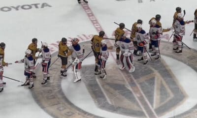The Vegas Golden Knights shake hands with the Edmonton Oilers following their elimination in Game 5 5/14/2025 (Photo/Screenshot- Vince Sapienza via Twitter)