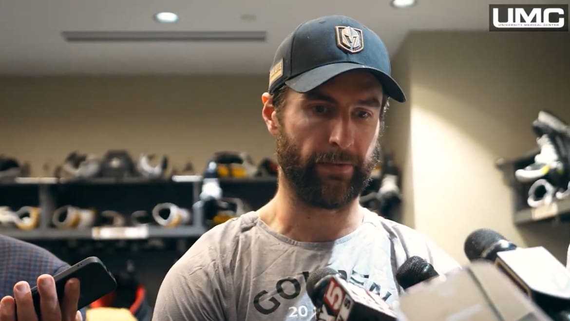 Vegas Golden Knights defenseman Alex Pietrangelo meets with the media following the Game 5 loss 5/14/2025 (Photo/Screenshot- Vegas Golden Knights via Twitter)