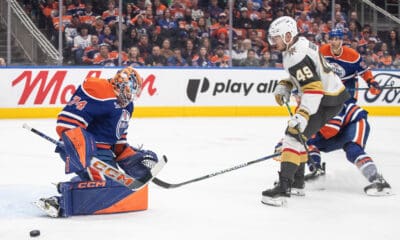 Edmonton Oilers goaltender Stuart Skinner makes a save on Golden Knights forward Ivan Barbashev 5/12/2025 (Photo/Screenshot- Sportsnet via Twitter)