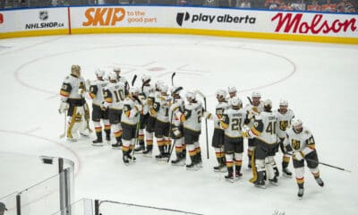 The Vegas Golden Knights congratulate goaltender Adin Hill following their Game 3 win over the Edmonton Oilers 5/10/2025 (Photo/Screenshot- NHL via Twitter)