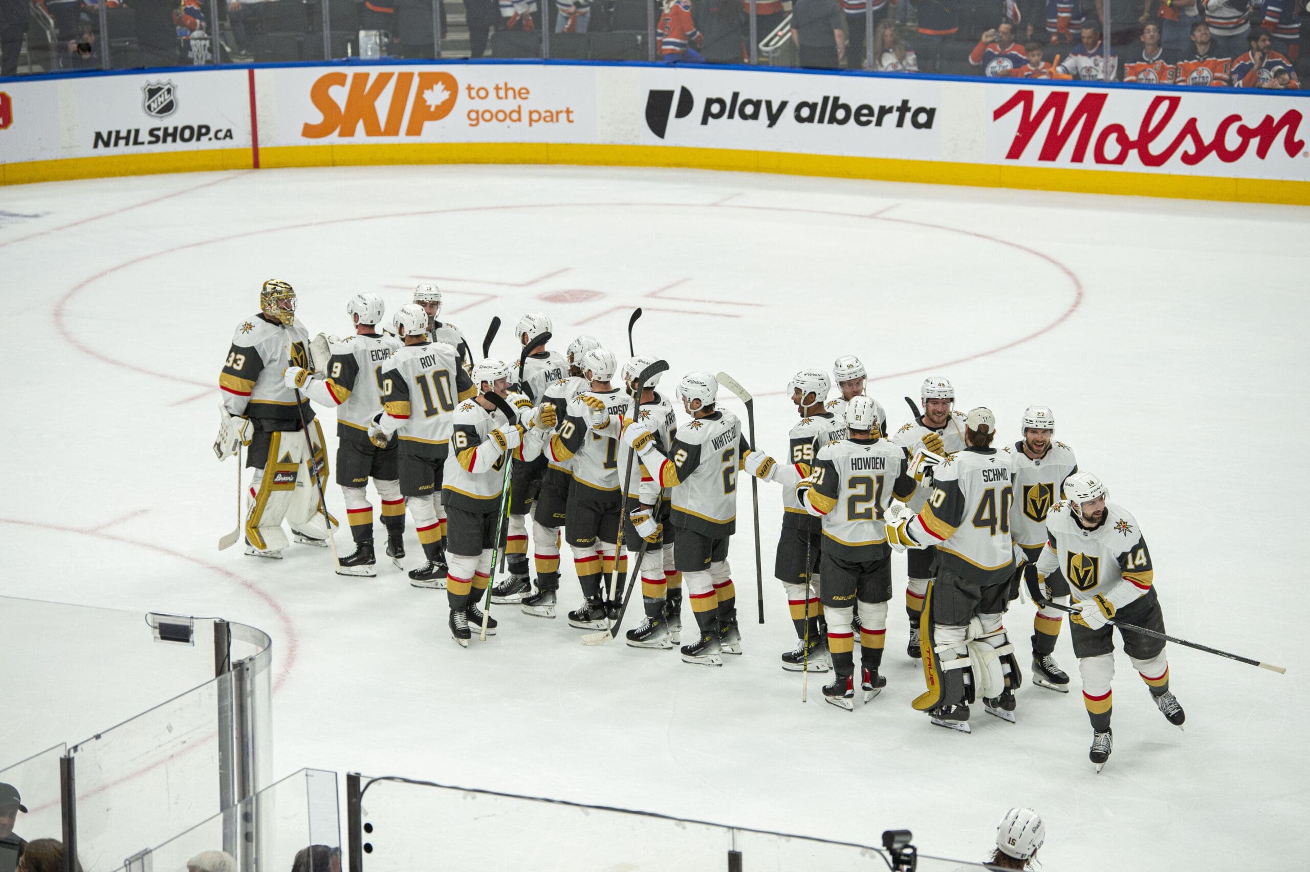 The Vegas Golden Knights congratulate goaltender Adin Hill following their Game 3 win over the Edmonton Oilers 5/10/2025 (Photo/Screenshot- NHL via Twitter)
