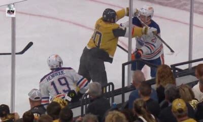 Golden Knights forward Nic Roy cross-checks Oilers forward Trent Frederic 5/8/2025 (Photo/Screenshot- Sportsnet via Twitter)