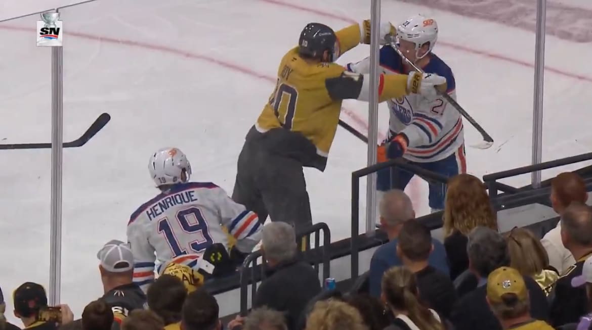 Golden Knights forward Nic Roy cross-checks Oilers forward Trent Frederic 5/8/2025 (Photo/Screenshot- Sportsnet via Twitter)