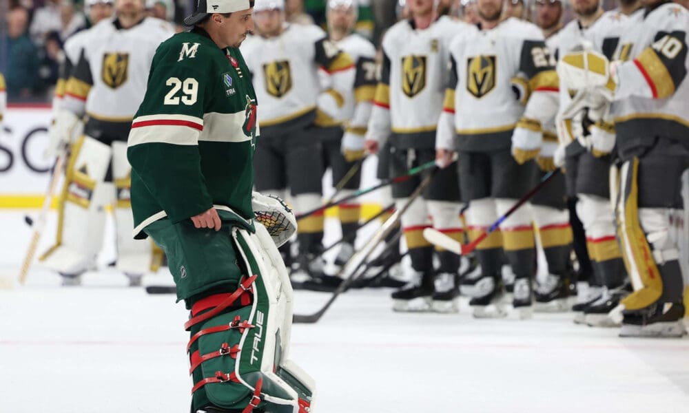 Marc-André Fleury goes through the handshake line after the Vegas Golden Knights eliminated the Minnesota Wild 5/1/2025 (Photo/Screenshot- Barstool Sports via Twitter)