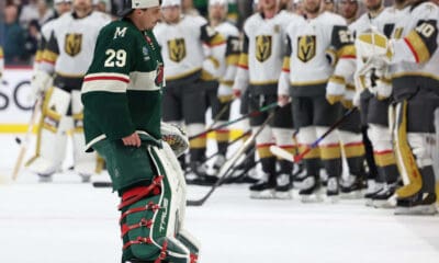 Marc-André Fleury goes through the handshake line after the Vegas Golden Knights eliminated the Minnesota Wild 5/1/2025 (Photo/Screenshot- Barstool Sports via Twitter)