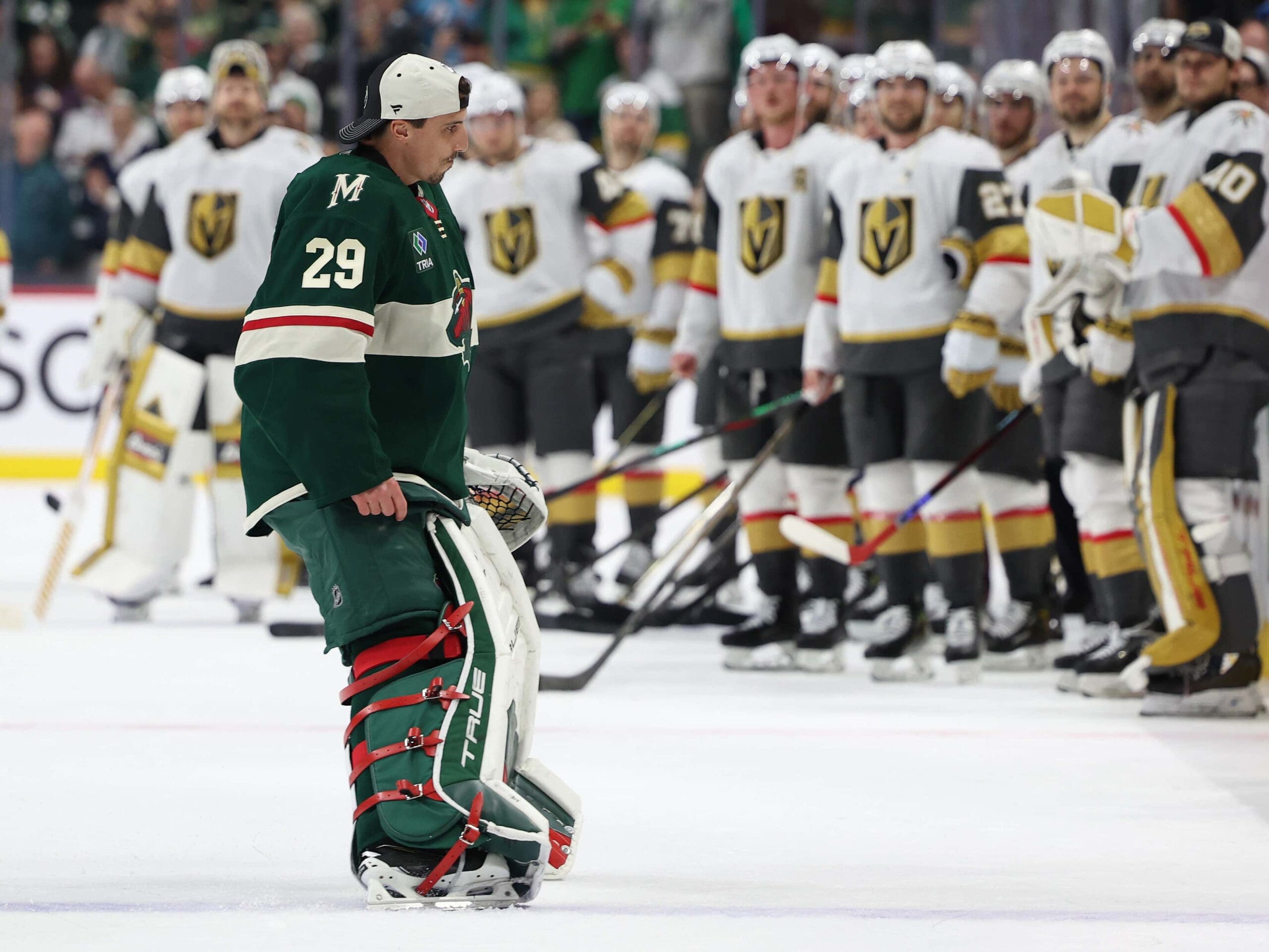 Marc-André Fleury goes through the handshake line after the Vegas Golden Knights eliminated the Minnesota Wild 5/1/2025 (Photo/Screenshot- Barstool Sports via Twitter)
