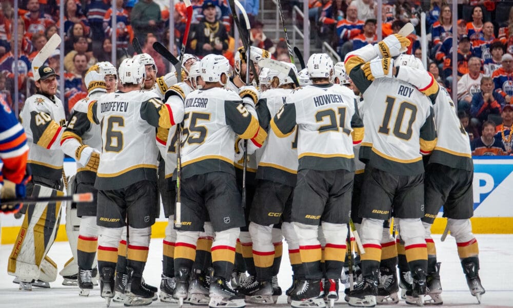 The Vegas Golden Knights celebrate their Game 3 win over the Edmonton Oilers 5/10/2025 (Photo/Screenshot- Vegas Golden Knights via Twitter)