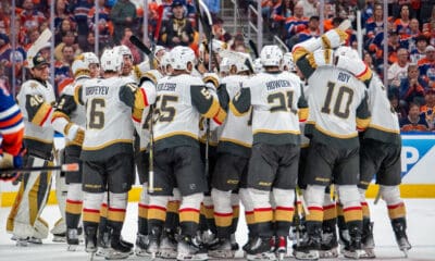 The Vegas Golden Knights celebrate their Game 3 win over the Edmonton Oilers 5/10/2025 (Photo/Screenshot- Vegas Golden Knights via Twitter)