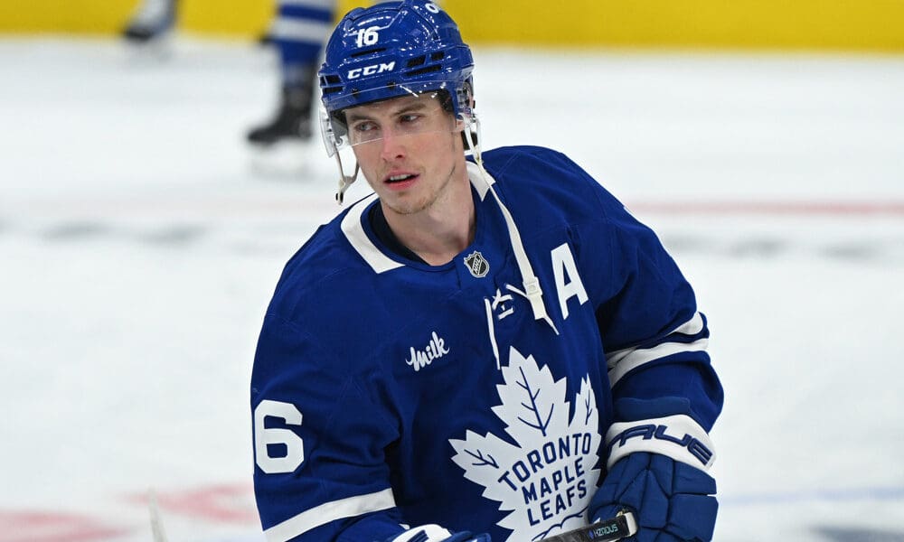 TORONTO, ON - MAY 07: Toronto Maple Leafs Right Wing Mitchell Marner (16) in warmups prior to the Stanley Cup Playoffs Second Round Game 2 between the Florida Panthers and Toronto Maple Leafs on May 7, 2025 at Scotiabank Arena in Toronto, On. (Photo by Gerry Angus/Icon Sportswire)