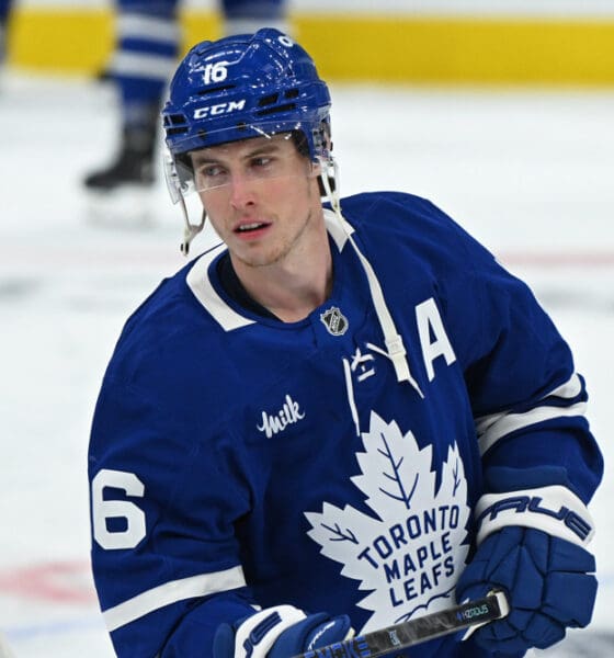 TORONTO, ON - MAY 07: Toronto Maple Leafs Right Wing Mitchell Marner (16) in warmups prior to the Stanley Cup Playoffs Second Round Game 2 between the Florida Panthers and Toronto Maple Leafs on May 7, 2025 at Scotiabank Arena in Toronto, On. (Photo by Gerry Angus/Icon Sportswire)