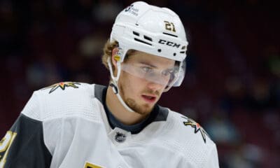 VANCOUVER, BC - NOVEMBER 21: Vegas Golden Knights center Brett Howden (21) warms up prior to their NHL game against the Vancouver Canucks at Rogers Arena on November 21, 2022 in Vancouver, British Columbia, Canada. (Photo by Derek Cain/Icon Sportswire)