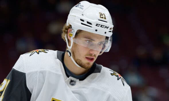 VANCOUVER, BC - NOVEMBER 21: Vegas Golden Knights center Brett Howden (21) warms up prior to their NHL game against the Vancouver Canucks at Rogers Arena on November 21, 2022 in Vancouver, British Columbia, Canada. (Photo by Derek Cain/Icon Sportswire)
