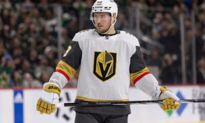 SAINT PAUL, MN - MARCH 30: Vegas Golden Knights center Ivan Barbashev (49) looks on during the third period of the NHL game between the Vegas Golden Knights and the Minnesota Wild on March 30th, 2024, at the Xcel Energy Center in Saint Paul, MN. (Photo by Bailey Hillesheim/Icon Sportswire)