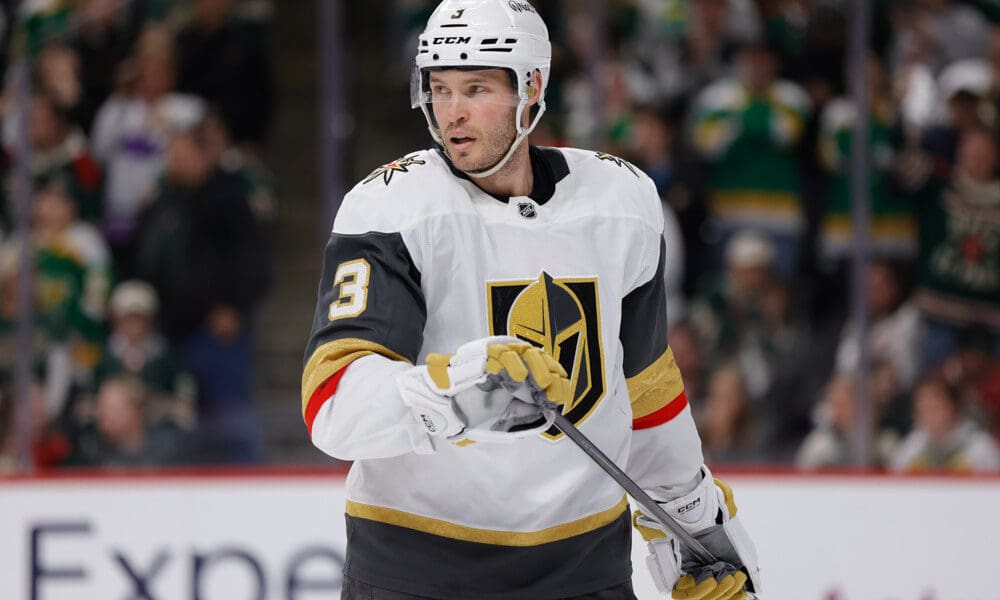ST. PAUL, MN - APRIL 26: Vegas Golden Knights defenseman Brayden McNabb (3) looks on during the overtime period of Game Four of the First Round of the 2025 Stanley Cup Playoffs between the Vegas Golden Knights and Minnesota Wild on April 26th, 2025, at the Xcel Energy Center in St. Paul, MN. (Photo by Bailey Hillesheim/Icon Sportswire)