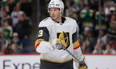 ST. PAUL, MN - APRIL 26: Vegas Golden Knights defenseman Brayden McNabb (3) looks on during the overtime period of Game Four of the First Round of the 2025 Stanley Cup Playoffs between the Vegas Golden Knights and Minnesota Wild on April 26th, 2025, at the Xcel Energy Center in St. Paul, MN. (Photo by Bailey Hillesheim/Icon Sportswire)