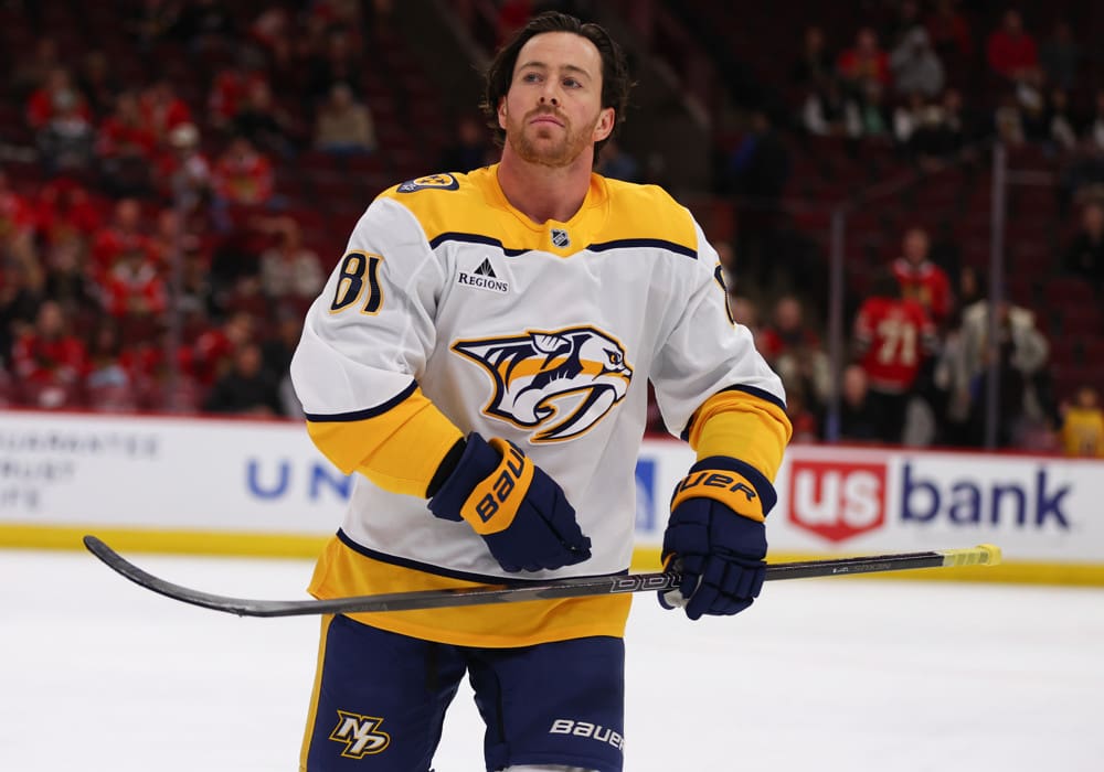 CHICAGO, IL - FEBRUARY 07: Jonathan Marchessault #81 of the Nashville Predators prior to a game against the Chicago Blackhawks on February 7, 2025 at the United Center in Chicago, Illinois. (Photo by Melissa Tamez/Icon Sportswire)