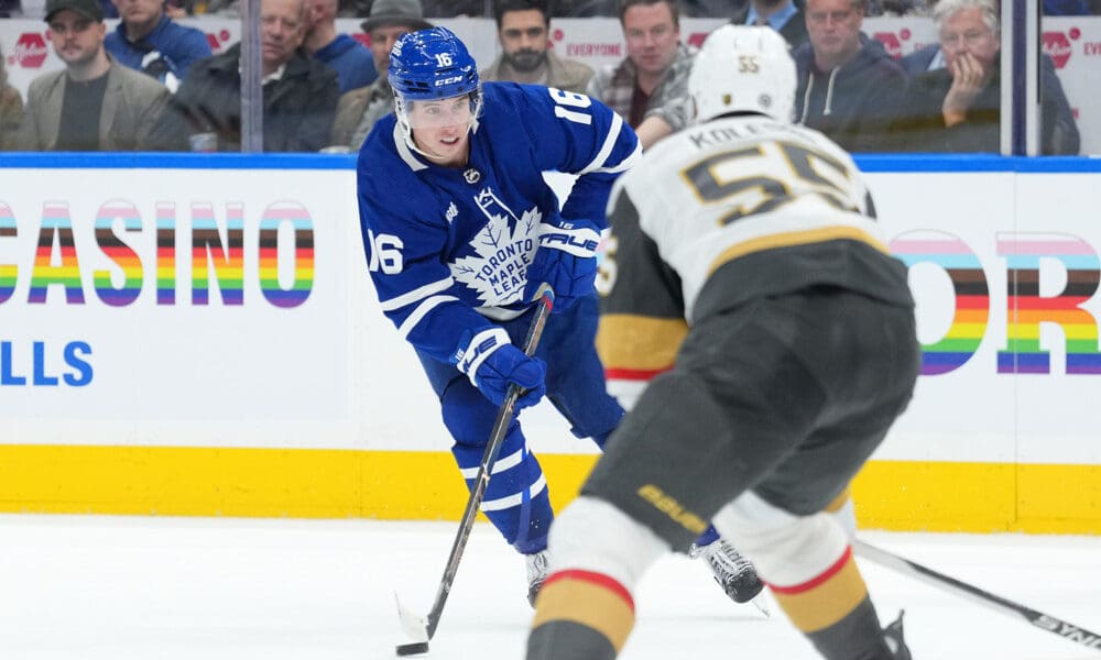 TORONTO, ON - FEBRUARY 27: Toronto Maple Leafs right wing Mitchell Marner (16) carries the puck on his stick during the second period of the NHL regular season game between the Las Vegas Golden Knights and the Toronto Maple Leafs on February 27, 2024 at Scotiabank Arena in Toronto, ON. (Photo by Gavin Napier/Icon Sportswire)