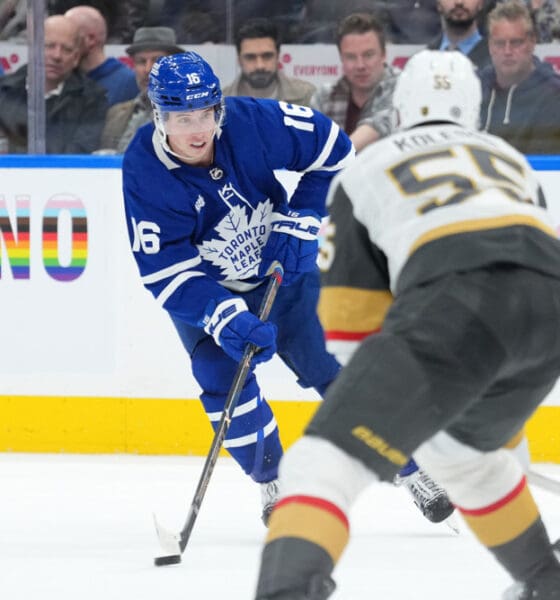 TORONTO, ON - FEBRUARY 27: Toronto Maple Leafs right wing Mitchell Marner (16) carries the puck on his stick during the second period of the NHL regular season game between the Las Vegas Golden Knights and the Toronto Maple Leafs on February 27, 2024 at Scotiabank Arena in Toronto, ON. (Photo by Gavin Napier/Icon Sportswire)