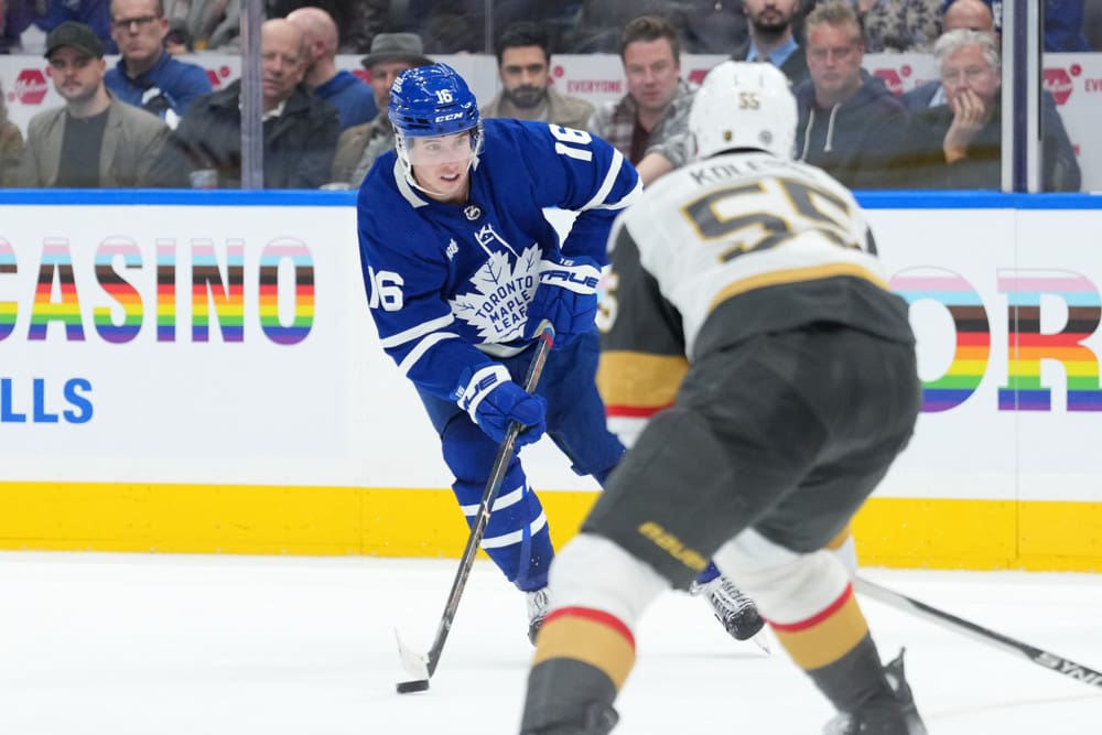 TORONTO, ON - FEBRUARY 27: Toronto Maple Leafs right wing Mitchell Marner (16) carries the puck on his stick during the second period of the NHL regular season game between the Las Vegas Golden Knights and the Toronto Maple Leafs on February 27, 2024 at Scotiabank Arena in Toronto, ON. (Photo by Gavin Napier/Icon Sportswire)