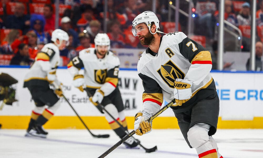 EDMONTON, AB - MAY 12: Las Vegas Golden Knights Defenceman Alex Pietrangelo (7) in action in the first period of the Stanley Cup Playoffs Second Round Edmonton Oilers game versus the Las Vegas Golden Knights on May 12, 2025 at Rogers Place in Edmonton, AB. (Photo by Curtis Comeau/Icon Sportswear)