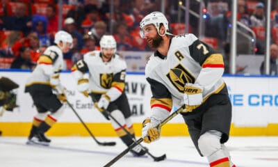 EDMONTON, AB - MAY 12: Las Vegas Golden Knights Defenceman Alex Pietrangelo (7) in action in the first period of the Stanley Cup Playoffs Second Round Edmonton Oilers game versus the Las Vegas Golden Knights on May 12, 2025 at Rogers Place in Edmonton, AB. (Photo by Curtis Comeau/Icon Sportswear)