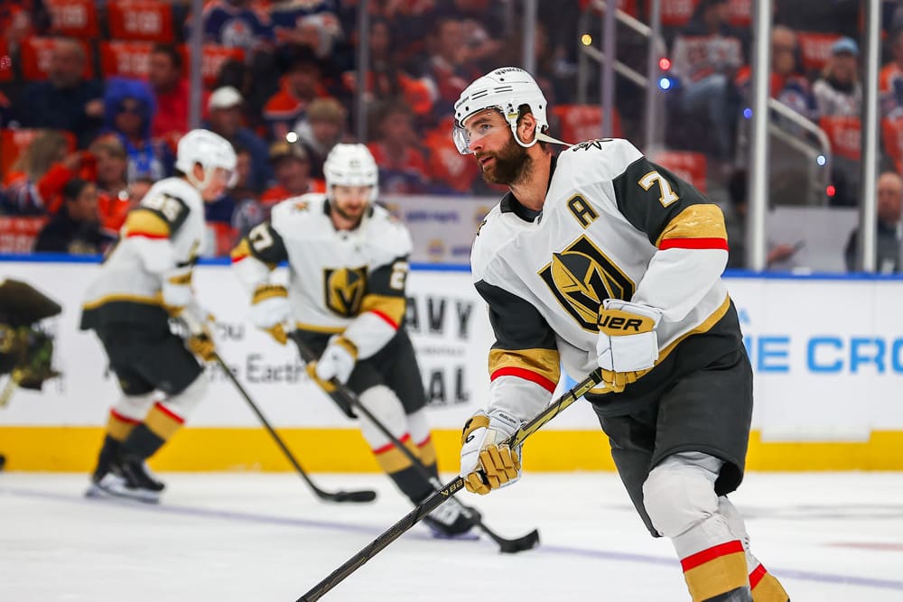 EDMONTON, AB - MAY 12: Las Vegas Golden Knights Defenceman Alex Pietrangelo (7) in action in the first period of the Stanley Cup Playoffs Second Round Edmonton Oilers game versus the Las Vegas Golden Knights on May 12, 2025 at Rogers Place in Edmonton, AB. (Photo by Curtis Comeau/Icon Sportswear)