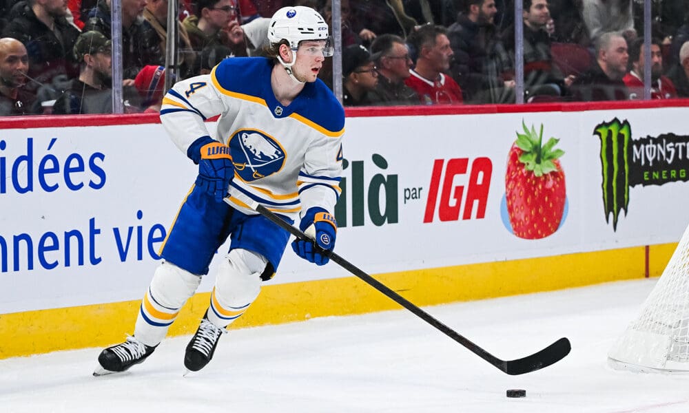 MONTREAL, QC - MARCH 03: Buffalo Sabres defenseman Bowen Byram (4) plays the puck during the Buffalo Sabres versus the Montreal Canadiens game on March 03, 2025, at Bell Centre in Montreal, QC (Photo by David Kirouac/Icon Sportswire)