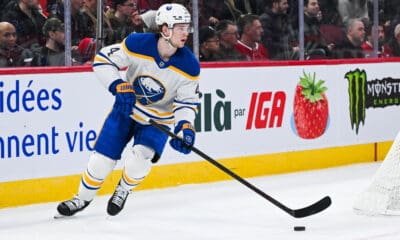 MONTREAL, QC - MARCH 03: Buffalo Sabres defenseman Bowen Byram (4) plays the puck during the Buffalo Sabres versus the Montreal Canadiens game on March 03, 2025, at Bell Centre in Montreal, QC (Photo by David Kirouac/Icon Sportswire)