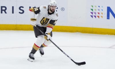 ELMONT, NY - FEBRUARY 04: Vegas Golden Knights Defenseman Nicolas Hague (14) skates with the puck during the third period of the National Hockey League game between the Vegas Golden Knights and the New York Islanders on February 4, 2025, at UBS Arena in Elmont, NY. (Photo by Gregory Fisher/Icon Sportswire)