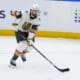 ELMONT, NY - FEBRUARY 04: Vegas Golden Knights Defenseman Nicolas Hague (14) skates with the puck during the third period of the National Hockey League game between the Vegas Golden Knights and the New York Islanders on February 4, 2025, at UBS Arena in Elmont, NY. (Photo by Gregory Fisher/Icon Sportswire)