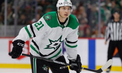 ST. PAUL, MN - APRIL 06: Dallas Stars left wing Jason Robertson (21) looks on during the second period of the NHL game between the Dallas Stars and Minnesota Wild on April 6th, 2025, at the Xcel Energy Center in St. Paul, MN. (Photo by Bailey Hillesheim/Icon Sportswire)