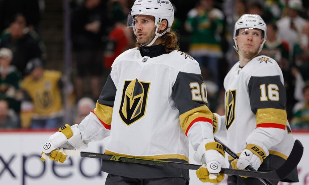 ST. PAUL, MN - APRIL 26: Vegas Golden Knights left wing Brandon Saad (20) looks on during the overtime period of Game Four of the First Round of the 2025 Stanley Cup Playoffs between the Vegas Golden Knights and Minnesota Wild on April 26th, 2025, at the Xcel Energy Center in St. Paul, MN. (Photo by Bailey Hillesheim/Icon Sportswire)