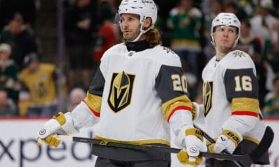 ST. PAUL, MN - APRIL 26: Vegas Golden Knights left wing Brandon Saad (20) looks on during the overtime period of Game Four of the First Round of the 2025 Stanley Cup Playoffs between the Vegas Golden Knights and Minnesota Wild on April 26th, 2025, at the Xcel Energy Center in St. Paul, MN. (Photo by Bailey Hillesheim/Icon Sportswire)