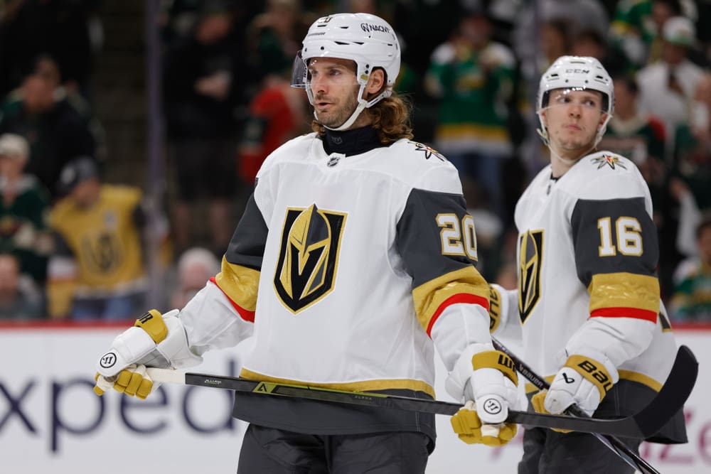ST. PAUL, MN - APRIL 26: Vegas Golden Knights left wing Brandon Saad (20) looks on during the overtime period of Game Four of the First Round of the 2025 Stanley Cup Playoffs between the Vegas Golden Knights and Minnesota Wild on April 26th, 2025, at the Xcel Energy Center in St. Paul, MN. (Photo by Bailey Hillesheim/Icon Sportswire)