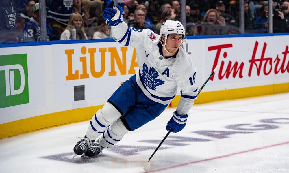 VANCOUVER, BC - JANUARY 20: Toronto Maple Leafs right wing Mitchell Marner (16) celebrates after his goal during an NHL game between the Toronto Maple Leafs and the Vancouver Canucks on January 20, 2024 at Rogers Arena in Vancouver, BC. (Photo by Ethan Cairns/Icon Sportswire)