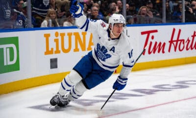 VANCOUVER, BC - JANUARY 20: Toronto Maple Leafs right wing Mitchell Marner (16) celebrates after his goal during an NHL game between the Toronto Maple Leafs and the Vancouver Canucks on January 20, 2024 at Rogers Arena in Vancouver, BC. (Photo by Ethan Cairns/Icon Sportswire)