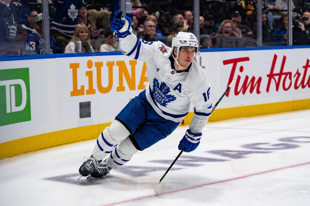 VANCOUVER, BC - JANUARY 20: Toronto Maple Leafs right wing Mitchell Marner (16) celebrates after his goal during an NHL game between the Toronto Maple Leafs and the Vancouver Canucks on January 20, 2024 at Rogers Arena in Vancouver, BC. (Photo by Ethan Cairns/Icon Sportswire)