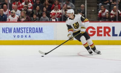 DETROIT, MI - MARCH 16: Vegas Golden Knights defenseman Kaedan Korczak (6) skates with the puck during the second period of an NHL regular season hockey game between the Vegas Golden Knights and the Detroit Red Wings on March 16, 2025 at Little Caesars Arena in Detroit, Michigan. (Photo by Scott W. Grau/Icon Sportswire)