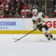 DETROIT, MI - MARCH 16: Vegas Golden Knights defenseman Kaedan Korczak (6) skates with the puck during the second period of an NHL regular season hockey game between the Vegas Golden Knights and the Detroit Red Wings on March 16, 2025 at Little Caesars Arena in Detroit, Michigan. (Photo by Scott W. Grau/Icon Sportswire)
