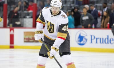 NEWARK, NJ - JANUARY 22: Vegas Golden Knights right wing Jonas Rondbjerg (46) warms up before a game between the Vegas Golden Knights and New Jersey Devils on January 22, 2024 at Prudential Center in the Newark, New Jersey. (Photo by Andrew Mordzynski/Icon Sportswire)