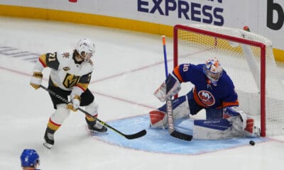 ELMONT, NY - DECEMBER 19: New York Islanders Goalie Ilya Sorokin (30) makes a save of a shot on goal by Vegas Golden Knights Center William Karlsson (71) during the third period of the National Hockey League game between the Vegas Golden Knights and the New York Islanders on December 19, 2021, at UBS Arena in Elmont, NY. (Photo by Gregory Fisher/Icon Sportswire)