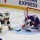 ELMONT, NY - DECEMBER 19: New York Islanders Goalie Ilya Sorokin (30) makes a save of a shot on goal by Vegas Golden Knights Center William Karlsson (71) during the third period of the National Hockey League game between the Vegas Golden Knights and the New York Islanders on December 19, 2021, at UBS Arena in Elmont, NY. (Photo by Gregory Fisher/Icon Sportswire)